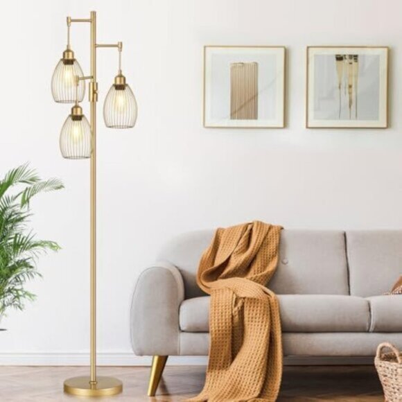 New Dimmable Gold Floor Lamp with 3 Teardrop Heads & LED Bulbs, 800 Lumens